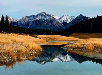Scenic view of lake and mountains against sky