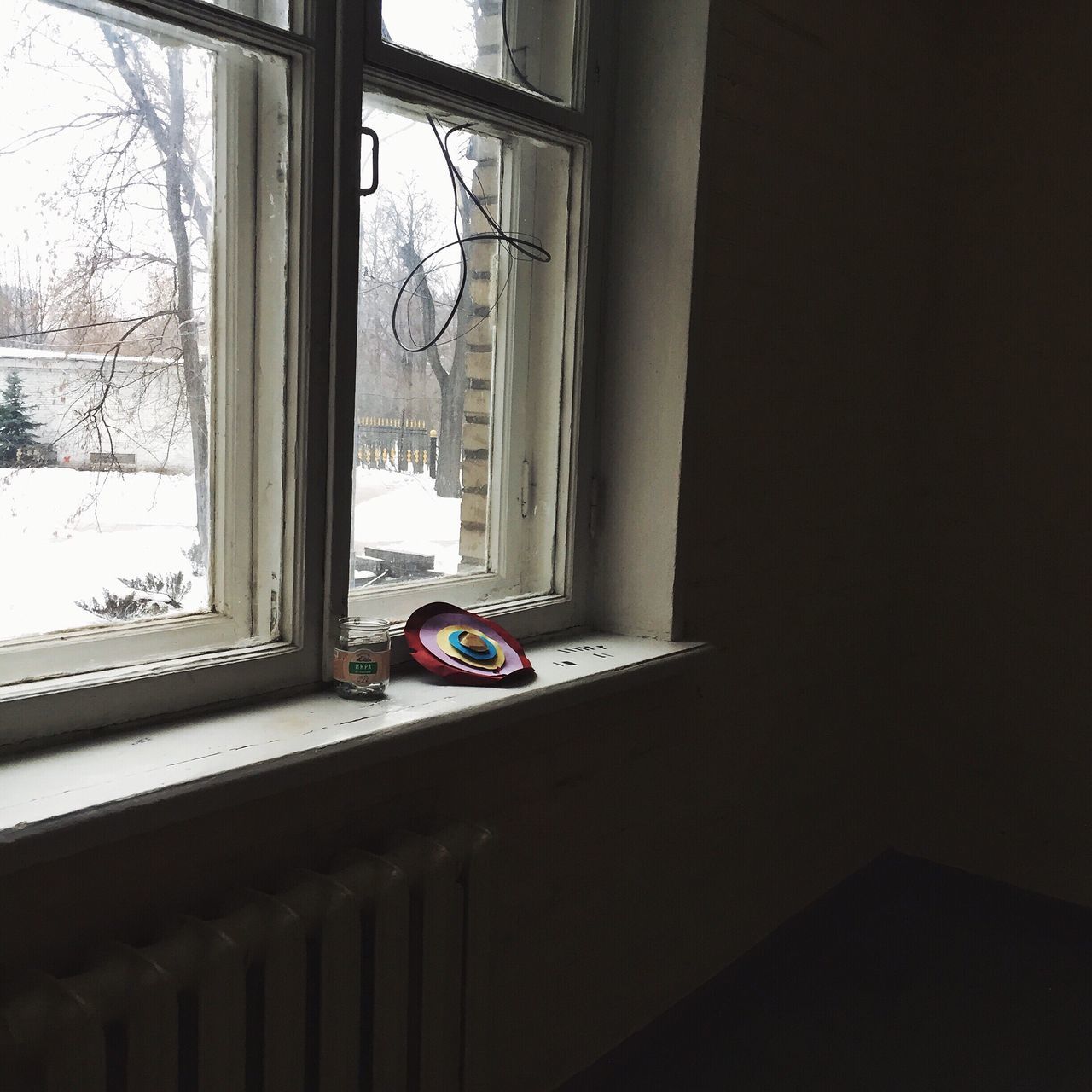 window, indoors, snow, winter, glass - material, architecture, cold temperature, built structure, transparent, house, building exterior, season, home interior, window sill, looking through window, covering, day, tree, residential structure, weather