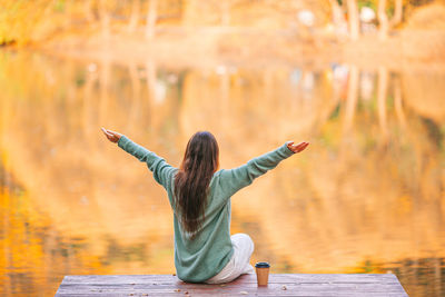 Rear view of woman sitting on pier by lake