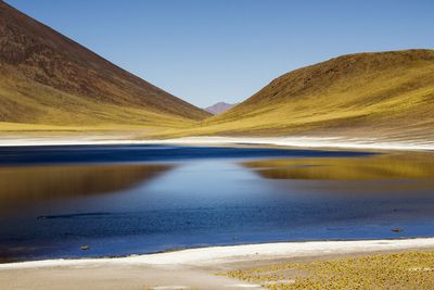 Scenic view of lake against clear blue sky