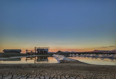 Scenic view of the salt mines with clear blue sky towards night.