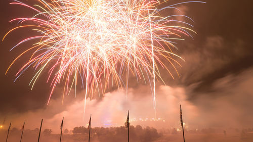 Low angle view of firework display against sky at night