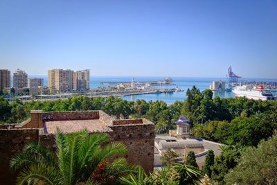 High angle view of cityscape against clear sky