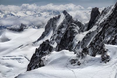 Scenic view of snow covered mountains against sky