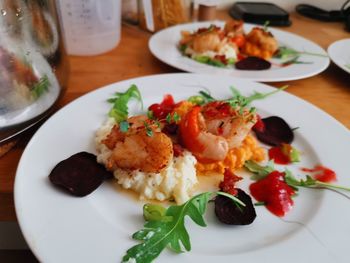 High angle view of meal served on table