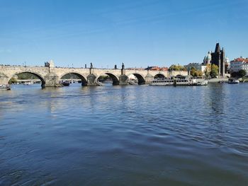 Bridge over river with buildings in background