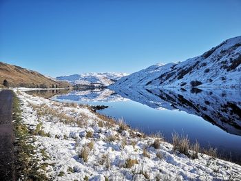 Scenic view of snowcapped mountains against clear blue sky