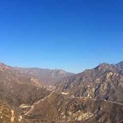 Scenic view of mountains against clear blue sky