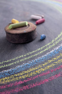 Close-up of multi colored chalk drawing on blackboard