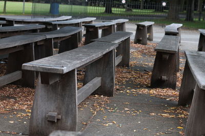 Empty wooden benches in park