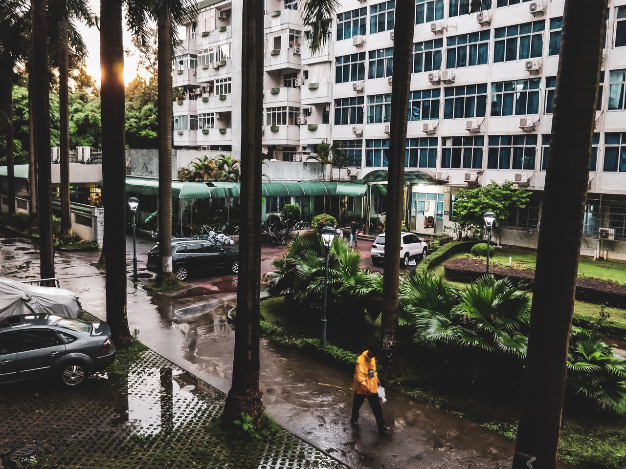 WET STREET BY BUILDINGS IN CITY DURING RAINY SEASON