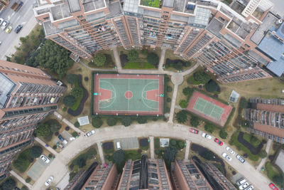 High angle view of buildings in city