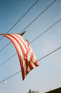 Low angle view of fish hanging against clear sky