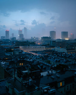 High angle view of townscape against sky at dusk