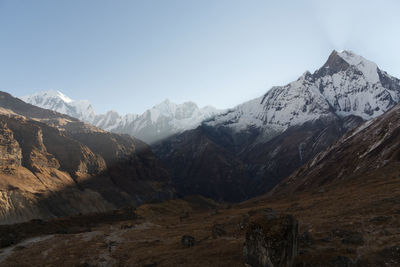 Scenic view of snowcapped mountains against clear sky