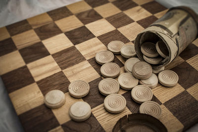 High angle view of objects on table