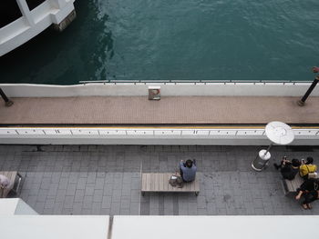 High angle view of people on steps