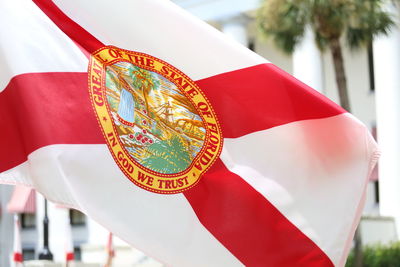 Close-up of florida state flag against building 