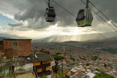 Overhead cable cars over cityscape against cloudy sky