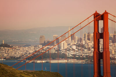 View of suspension bridge with city in background