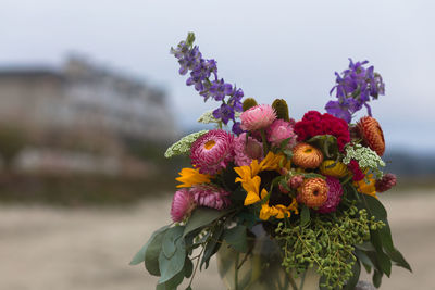 Close-up of mixed floral bouquet on beach