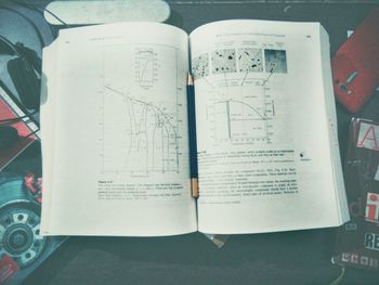 High angle view of open book on table