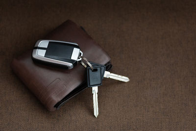 High angle view of smart phone on table