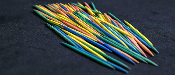 High angle view of multi colored pencils on table