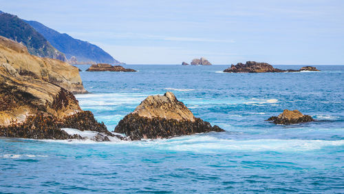 Scenic view of rocks in sea against sky