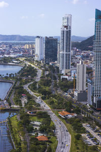 High angle view of buildings in city