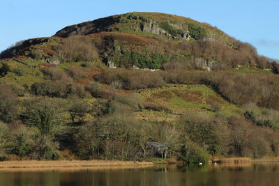 Scenic view of lake by mountain against sky