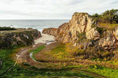 Scenic view of rocks by sea against sky