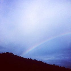 Rainbow over silhouette trees against sky