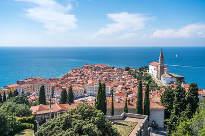 High angle view of buildings and sea against sky