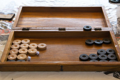 High angle view of old equipment on table