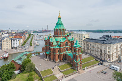 Uspenski cathedral in helsinki, finland. drone point of view. it is an eastern orthodox cathedral 