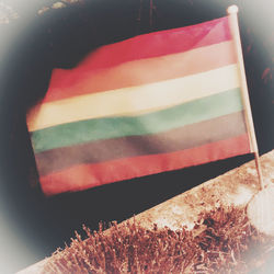 High angle view of flag on table