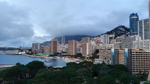 Cityscape against cloudy sky