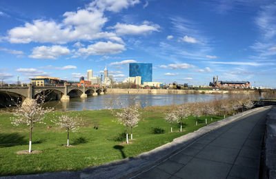 Downtown city skyline indianapolis indiana white river in spring with blooming trees 