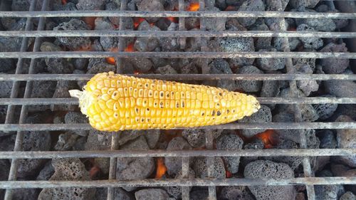 High angle view of corn on metal grate over burning charcoal