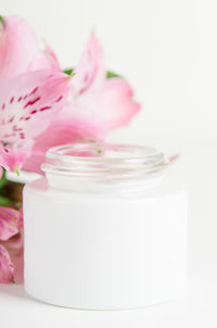 Close-up of pink flower in jar on white table