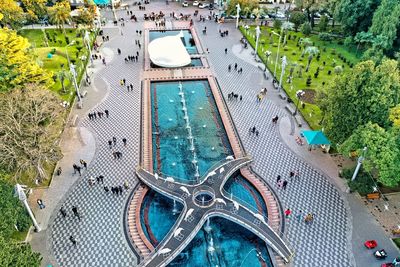 High angle view of swimming pool in city