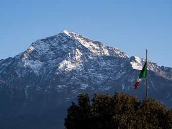 Low angle view of snowcapped mountain against clear sky