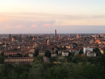 High angle view of townscape against sky at sunset