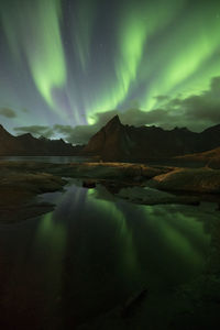 Scenic view of lake against sky at night. aurora borealis