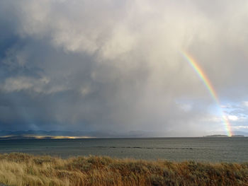 Scenic view of rainbow over field against sky