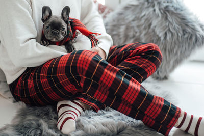 Low section of woman with dogs on bed at home