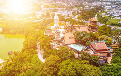 High angle view of trees and buildings in city