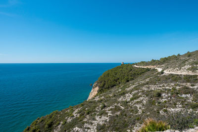 Scenic view of sea against clear blue sky