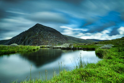 Scenic view of lake and mountains against sky